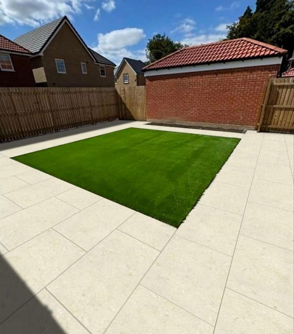 Porcelain paving slabs installed in an outdoor terrace scene